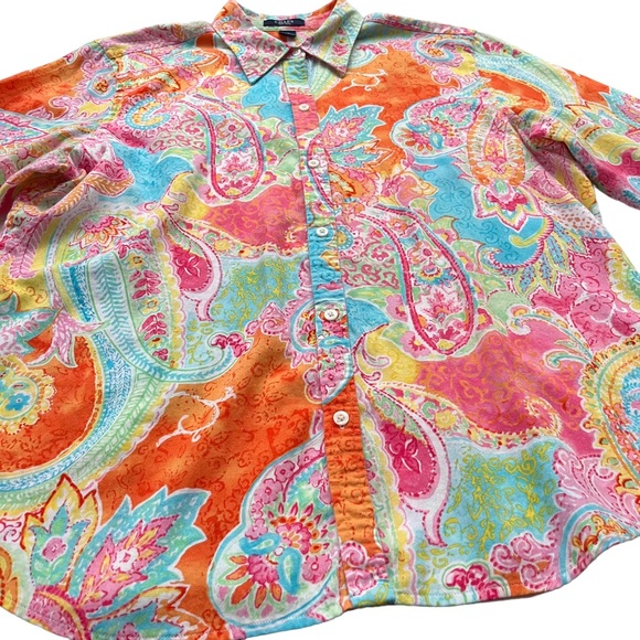 CHAPS By Ralph Lauren Women’s XL Pink Orange Paisley 100% Cotton Button Blouse - Picture 10 of 14